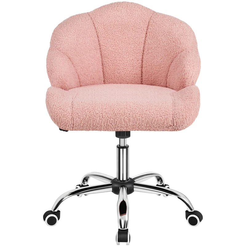 Yaheetech Teddy Boucle Vanity Office Desk Chair with Back & Wheels Dressing Table Chair Makeup Bedroom Upholstered Armless Swivel Chair with Shell Back for Home Office Pink