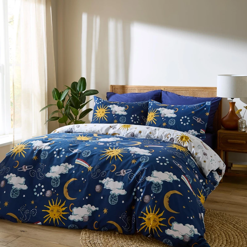 Their Nibs Disco Space Cotton Reversible Double Duvet Cover Set with Pillowcases Navy Blue