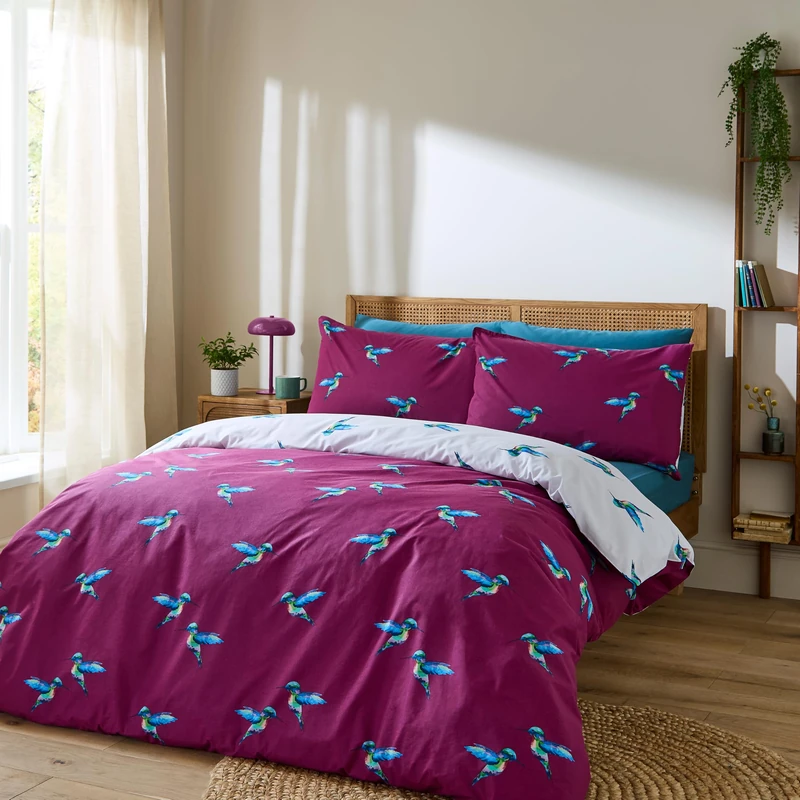 Their Nibs Hummingbird Cotton Reversible Super King Duvet Cover Set with Pillowcases Plum