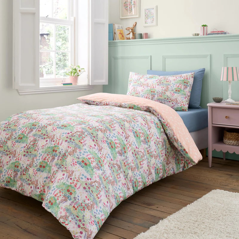 Belle & Boo Meadow Bunnies Reversible Cotton Double Duvet Cover Set with Pillowcases Blue