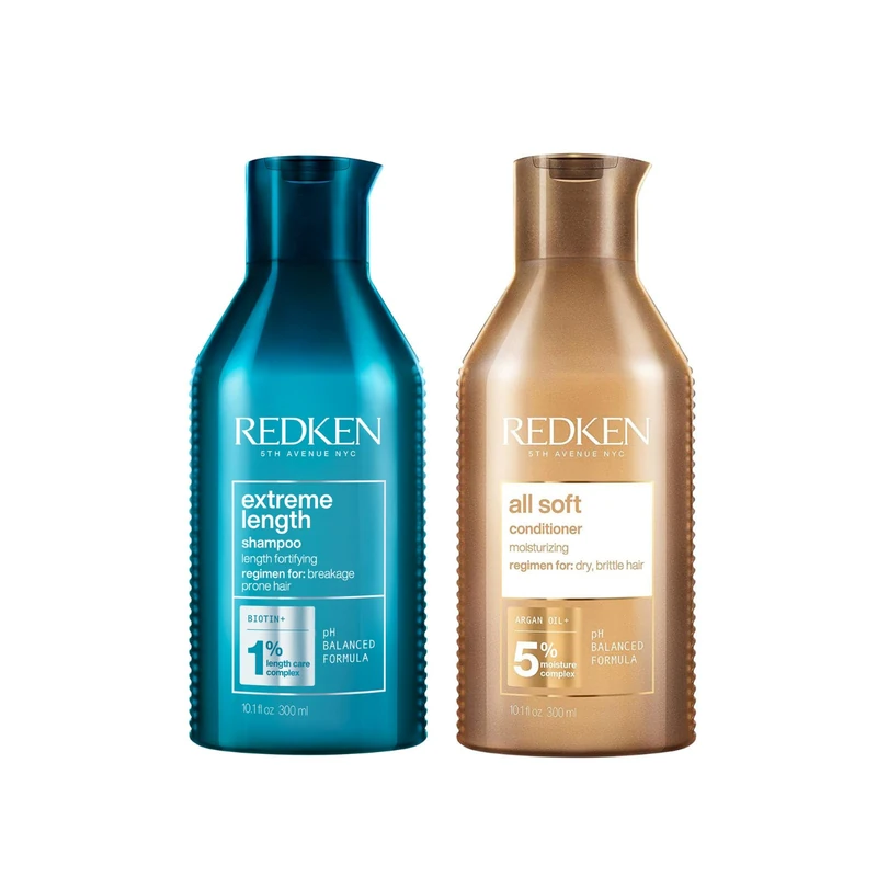 REDKEN Extreme Length Shampoo with Biotin For Longer, Stronger Hair 300ml and All Soft Conditioner with Argan Oil For Dry Hair, Intense Softness and Shine 300ml