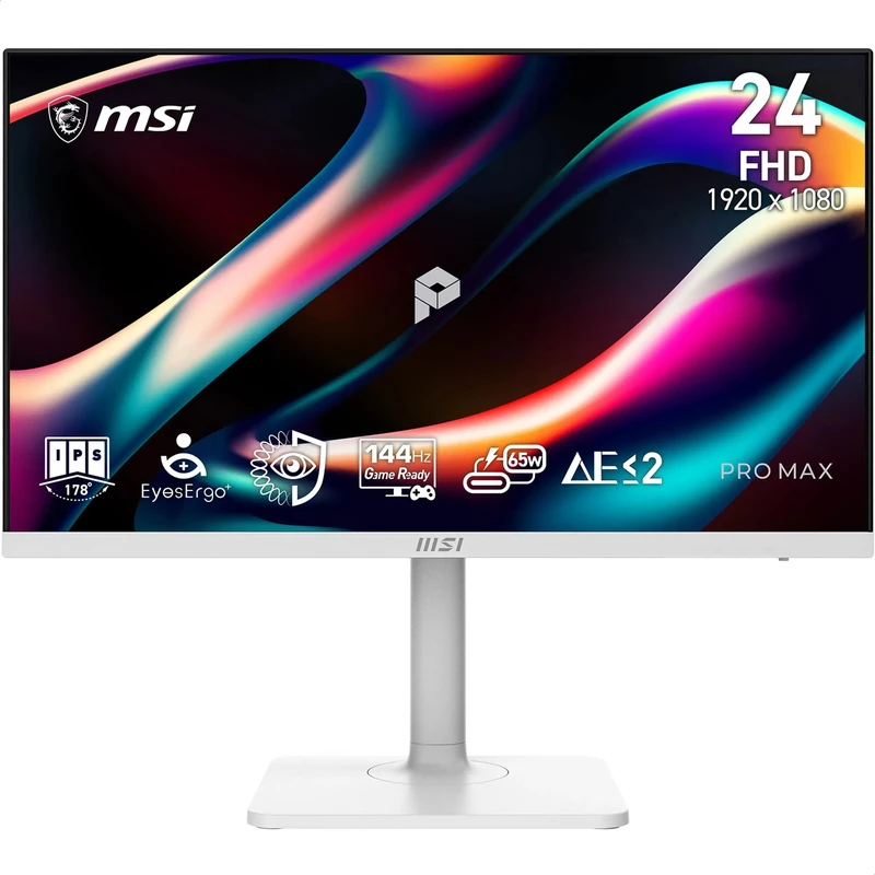 MSI PRO MAX 241PHW E14 24-Inch FHD 1920x1080 Computer Monitor, IPS, 144Hz, 1ms, Circular Polarizer, EyesErgo M-Mate APP, Built-in speaker, HDMI 2.0b, DP 1.2a, USB C (65W PD), KVM, Black