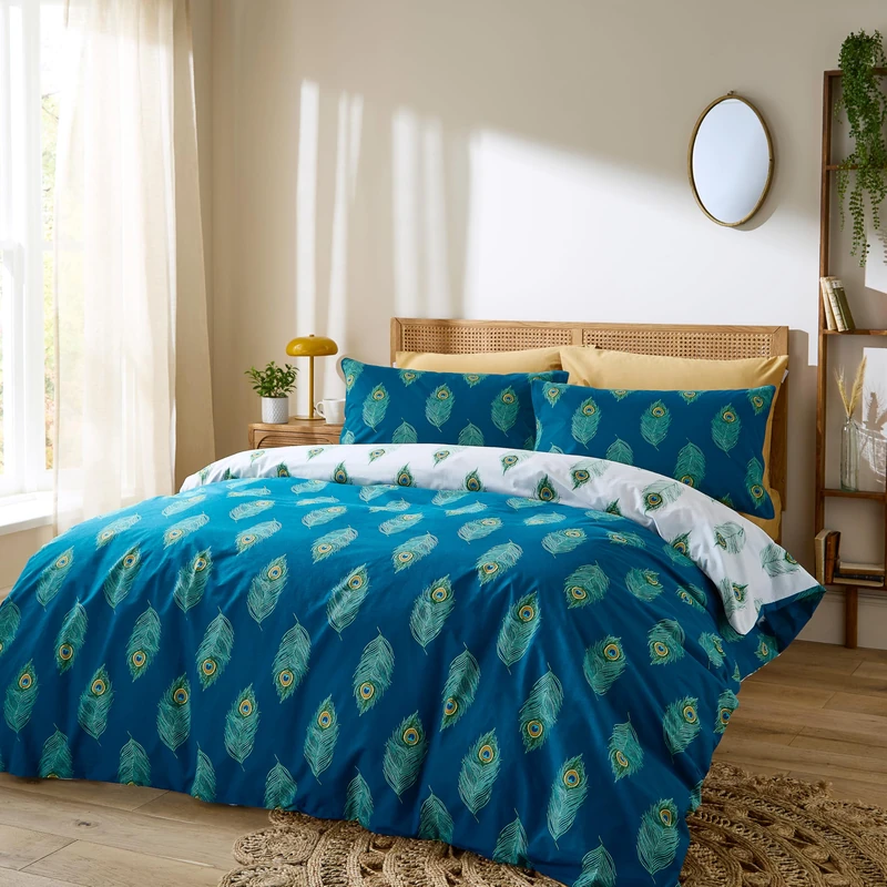 Their Nibs Peacock Feather Cotton Reversible Super King Duvet Cover Set with Pillowcases Teal Green