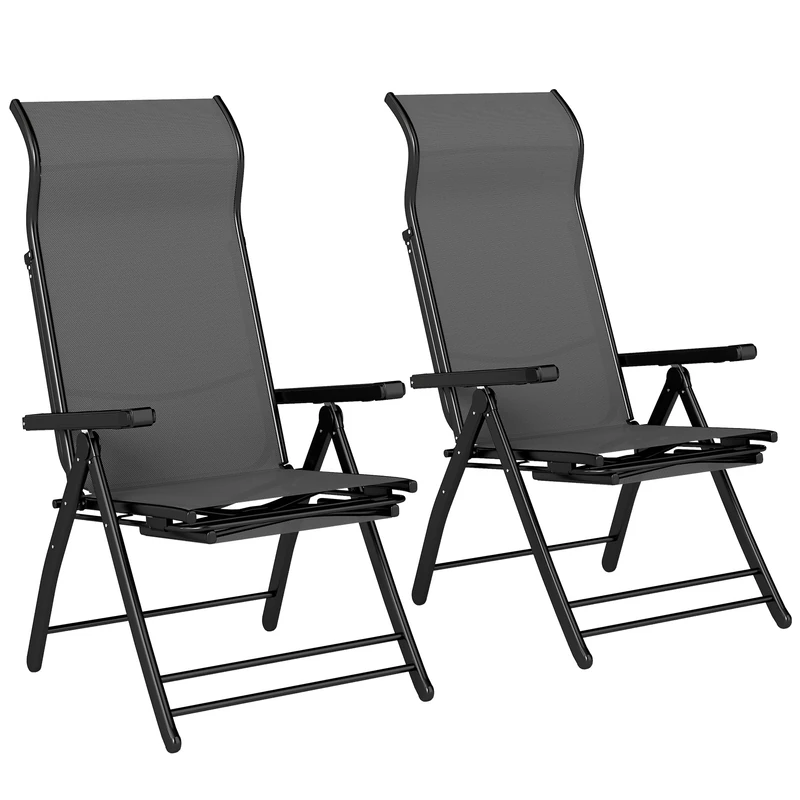 Outsunny Reclining Garden Chairs Set of 2, Folding Garden Recliner Chairs with 85 cm High Back, Retractable Footrest, 5-Position Adjustable Sunloungers for Outdoor, Patio, Beach, Camping, Dark Grey - Image 1