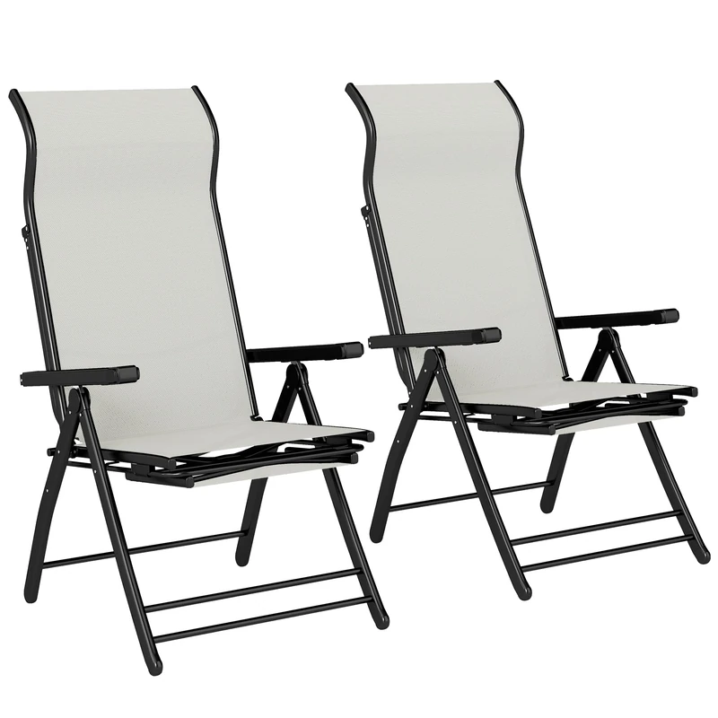 Outsunny Reclining Garden Chairs Set of 2, Folding Garden Recliner Chairs with 85 cm High Back, Retractable Footrest, 5-Position Adjustable Sunloungers for Outdoor, Patio, Beach, Camping, Light Grey