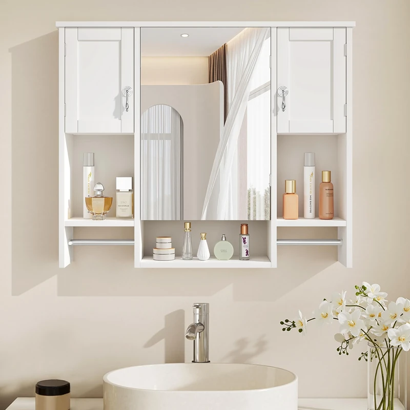 VECELO Bathroom Wall Cabinet with Mirror, Large Wall Mounted Bathroom Cabinet with Adjustable Shelf, Open Compartment and 2 Towel Bars, 89×18×73.5 cm, White