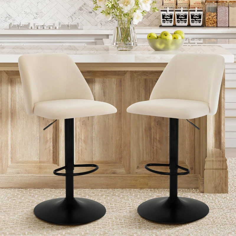 COLAMY Breakfast Bar Stools Set of 2, Modern Swivel Kitchen Stool, Adjustable Upholstered Barstools Counter Height with Square Open Back for Bar Kitchen Island, Dining Room, Beige