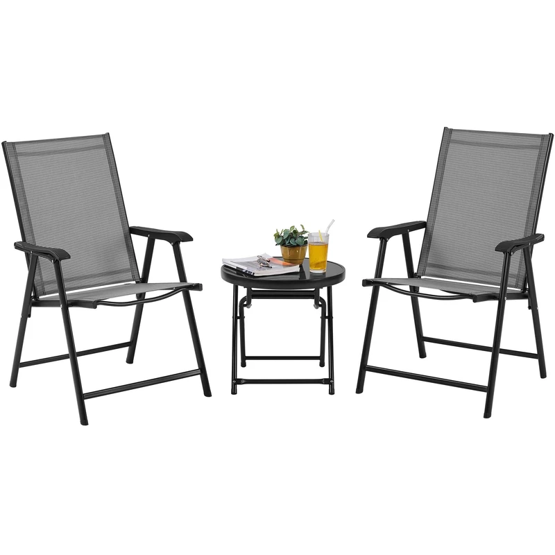 Yaheetech 3-Piece Outdoor Bistro Set, Garden Folding Chairs and Tempered Glass Table Set, Foldable Patio Furniture with Backrest & Armrests for Garden, Lawn, Balcony & Poolside Relaxation, Grey/Black