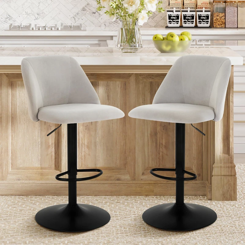 COLAMY Breakfast Bar Stools Set of 2, Modern Swivel Kitchen Stool, Adjustable Upholstered Barstools Counter Height with Square Open Back for Bar Kitchen Island, Dining Room, Grey