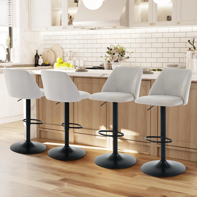 COLAMY Breakfast Bar Stools Set of 4, Modern Swivel Kitchen Stool, Adjustable Upholstered Barstools Counter Height with Square Open Back for Bar Kitchen Island, Dining Room, Grey