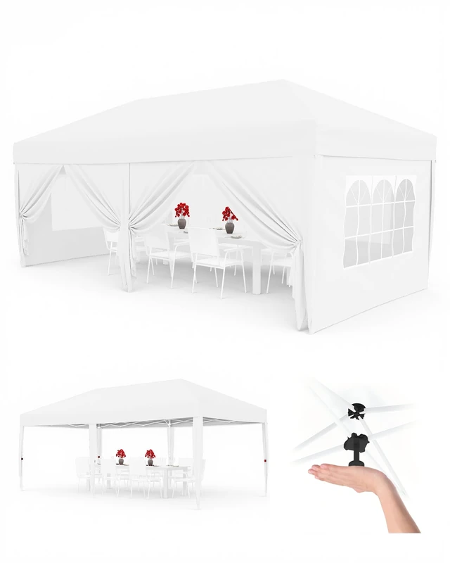 GarveeLife 3x6M Pop Up Canopy Tent with 6 Sidewalls, Heavy Duty Blue Outdoor Canopy, Portable Roller Bag, 3 Adjustable Height, 4 Weight Bags, 8 Stakes & 6 Guy Ropes, White