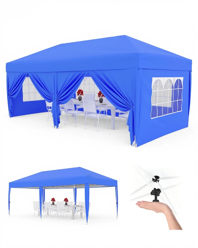 GarveeLife 3x6M Pop Up Canopy Tent with 6 Sidewalls, Heavy Duty Blue Outdoor Canopy, Portable Roller Bag, 3 Adjustable Height, 4 Weight Bags, 8 Stakes & 6 Guy Ropes, Blue