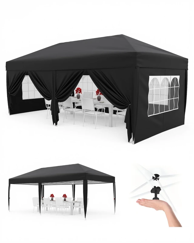 GarveeLife 3x6M Pop Up Canopy Tent with 6 Sidewalls, Heavy Duty Blue Outdoor Canopy, Portable Roller Bag, 3 Adjustable Height, 4 Weight Bags, 8 Stakes & 6 Guy Ropes, Black