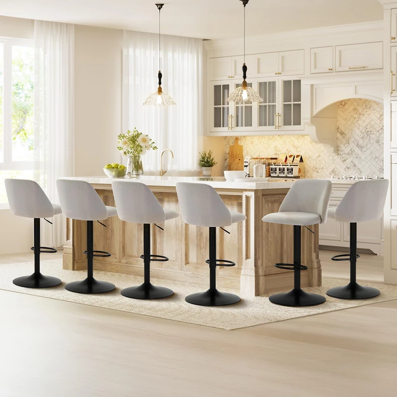 COLAMY Breakfast Bar Stools Set of 6, Modern Swivel Kitchen Stool, Adjustable Upholstered Barstools Counter Height with Square Open Back for Bar Kitchen Island, Dining Room, Grey