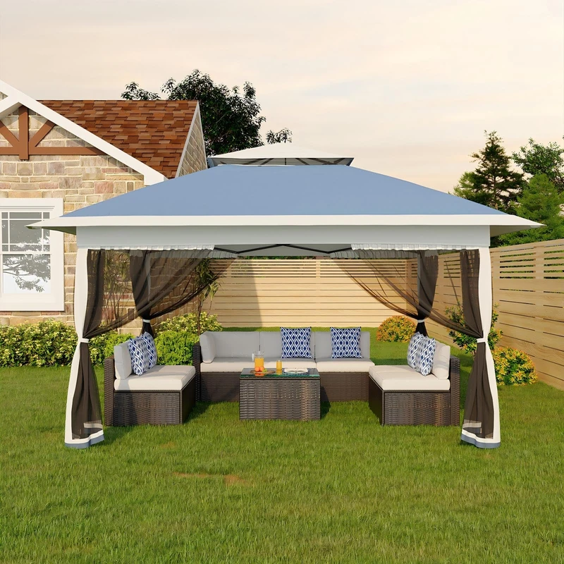 GarveeLife Pop Up Gazebo 3x3M, Double Roof Foldable Canopy Tent One-Push Setup with 4 Sandbags & Mosquito Netting, Height Adjustable for Backyard Parties, BBQs & Outdoor Events, Navy Blue