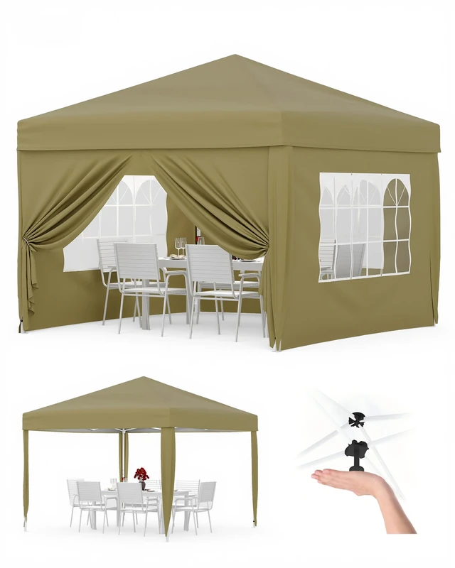 GarveeLife 3x3m Pop Up Gazebo with 4 Sidewalls, Waterproof Outdoor Gazebo UPF 50+ with 4 Stakes, 4 Ropes, 4 Sandbags & Carry Bag for Patio, Camping, Market & Outdoor Activities, Khaki