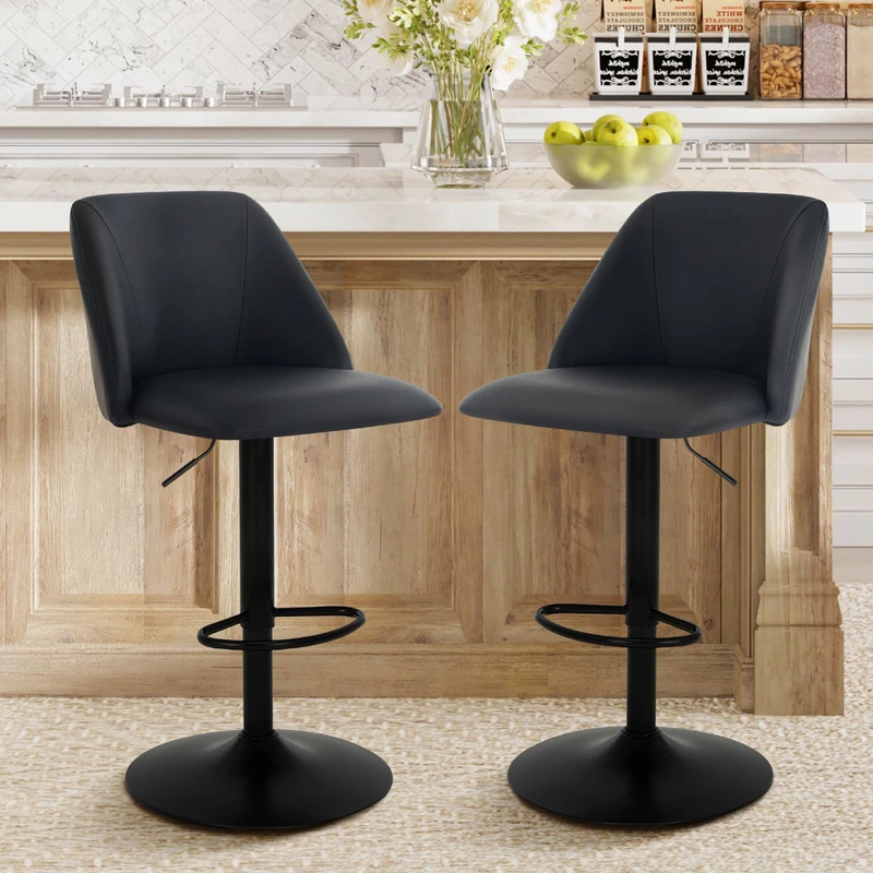 COLAMY Breakfast Bar Stools Set of 2, Modern Swivel Kitchen Stool, Adjustable Upholstered Barstools Counter Height with Square Open Back for Bar Kitchen Island, Dining Room, Black