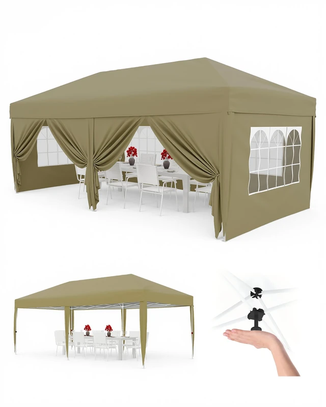GarveeLife 3x6M Pop Up Canopy Tent with 6 Sidewalls, Heavy Duty Blue Outdoor Canopy, Portable Roller Bag, 3 Adjustable Height, 4 Weight Bags, 8 Stakes & 6 Guy Ropes, Khaki