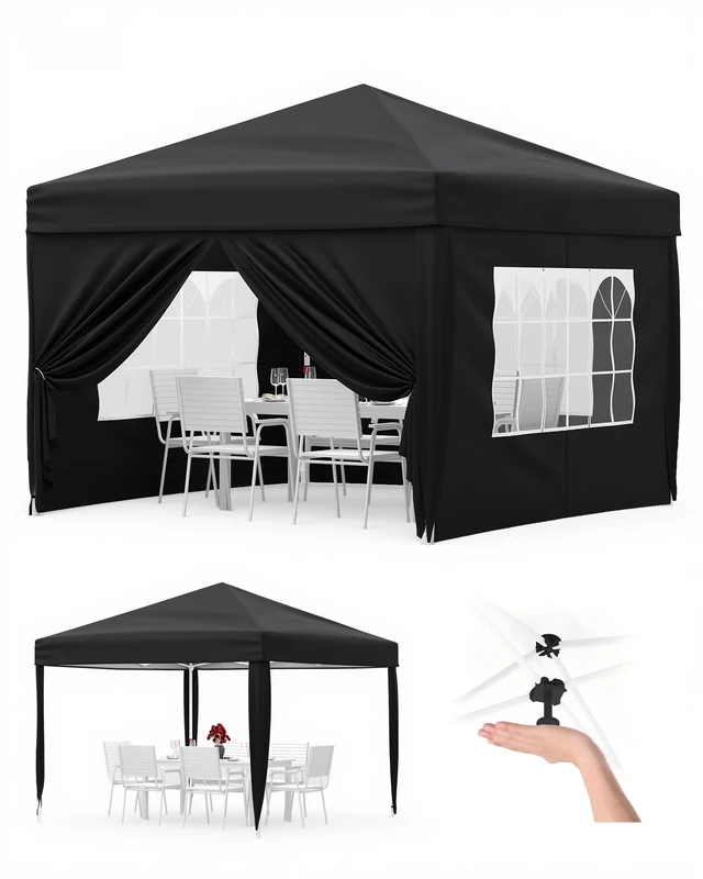 GarveeLife 3x3m Pop Up Gazebo with 4 Sidewalls, Waterproof Outdoor Gazebo UPF 50+ with 4 Stakes, 4 Ropes, 4 Sandbags & Carry Bag for Patio, Camping, Market & Outdoor Activities, Black
