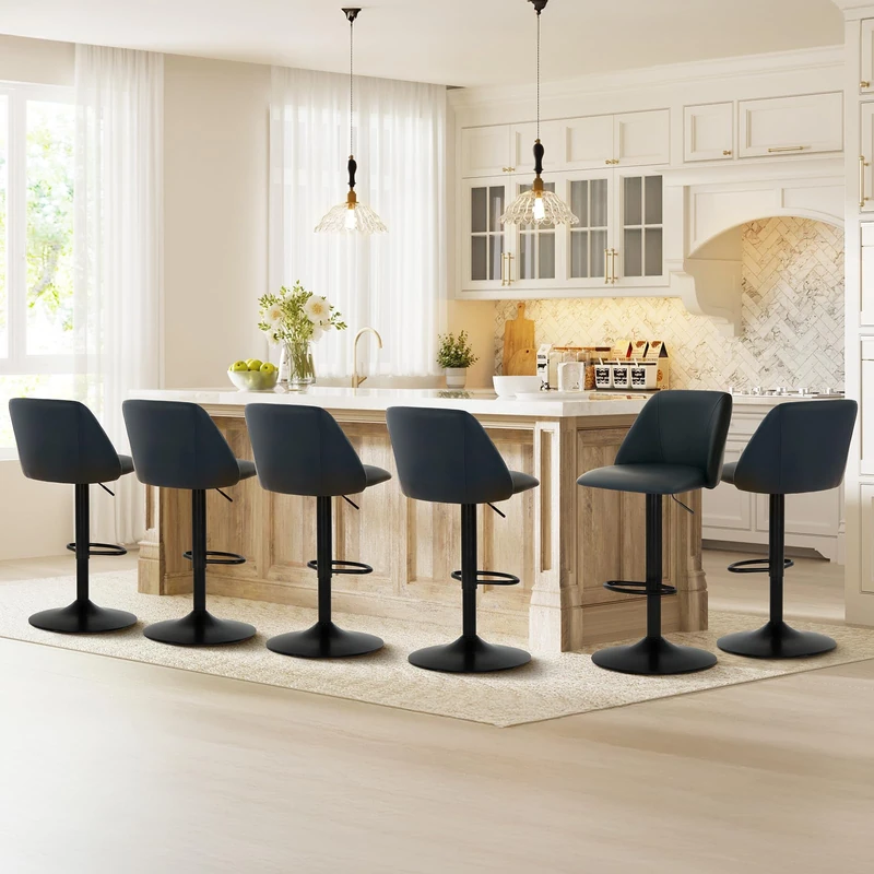 COLAMY Breakfast Bar Stools Set of 6, Modern Swivel Kitchen Stool, Adjustable Upholstered Barstools Counter Height with Square Open Back for Bar Kitchen Island, Dining Room, Black