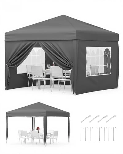 GarveeLife 3x3m Pop Up Gazebo with 4 Sidewalls, Waterproof Outdoor Gazebo UPF 50+ with 4 Stakes, 4 Ropes, 4 Sandbags & Carry Bag for Patio, Camping, Market & Outdoor Activities, Grey