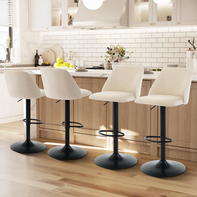 COLAMY Breakfast Bar Stools Set of 4, Modern Swivel Kitchen Stool, Adjustable Upholstered Barstools Counter Height with Square Open Back for Bar Kitchen Island, Dining Room, Beige