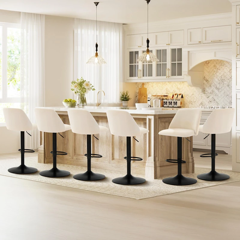 COLAMY Breakfast Bar Stools Set of 6, Modern Swivel Kitchen Stool, Adjustable Upholstered Barstools Counter Height with Square Open Back for Bar Kitchen Island, Dining Room, Beige