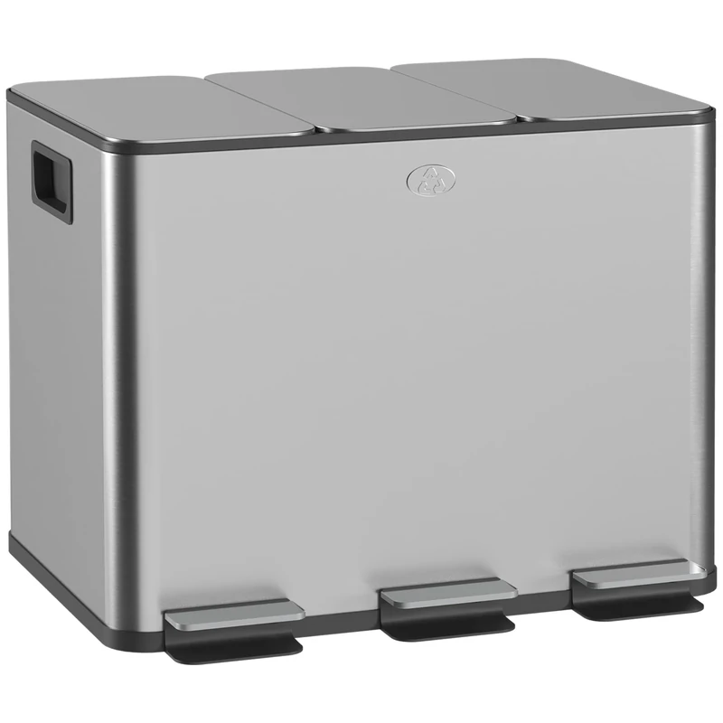 HOMCOM Triple Kitchen Bin, 3 x 20L Pedal Bin, Stainless Steel Three Rubbish Bin with Removable Inner Buckets, Soft Close Lid, Fingerprint-Proof for Recycling and Waste, Silver Tone