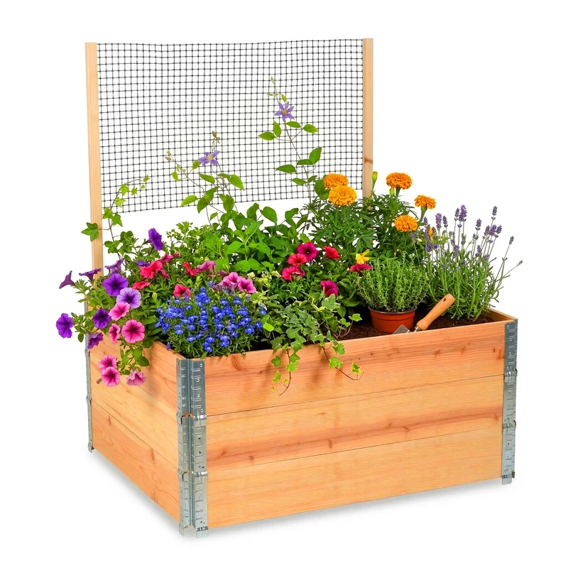 Relaxdays Raised Bed with Trellis, Modular Pine Planter Box for Climbing Plants, 118x120x80 cm, Natural