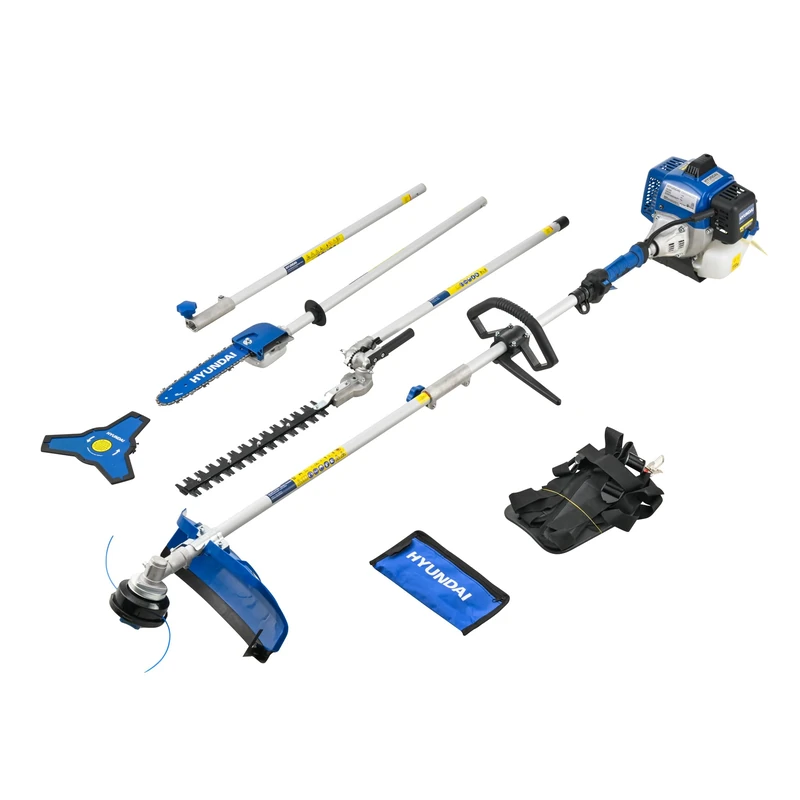 Hyundai 56cc Petrol Multi Tool 5-in-1 – Grass Trimmer, Brushcutter, Hedge Trimmer & Pole Saw Attachments, Split Shaft Design, Harness Included, Heavy Duty Garden System