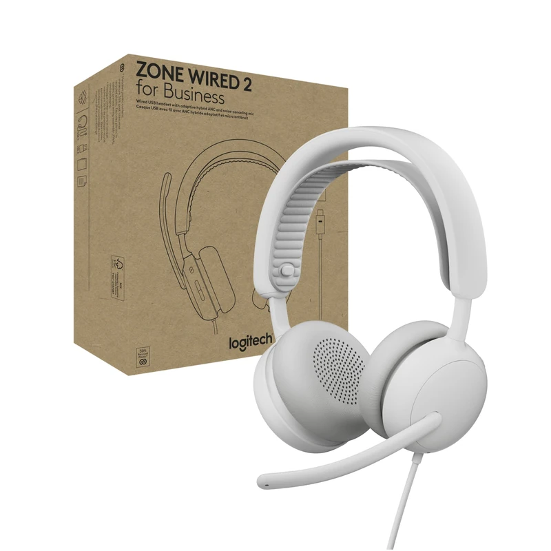 Logitech Zone Wired 2 for Business - Noise-Canceling Headset with Adaptive Hybrid ANC, Microsoft Teams Certified, USB-C with USB-A adapter - Off-White