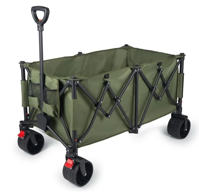 YEAUPE PRO Folding Cargo Trolley 180L and 120 kg | with Brake and Rear Opening | Adjustable Handle for Garden, Camping and Construction | Army Green