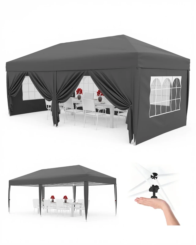 GarveeLife 3x6M Pop Up Gazebo with 6 Sidewalls, Waterproof Outdoor Gazebo UPF 50+ with Portable Carry Bag, 3 Adjustable Height, 4 Weight Bags, 8 Stakes & 6 Guy Ropes, Grey
