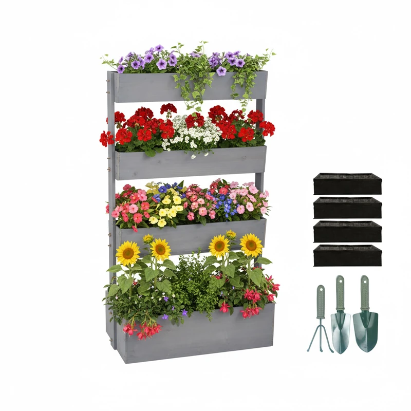 Relaxdays Vertical Planter Spruce 140x85x48 cm 4-Box Raised Bed for Balcony/Terrace, Includes Fleece & Accessories, Grey