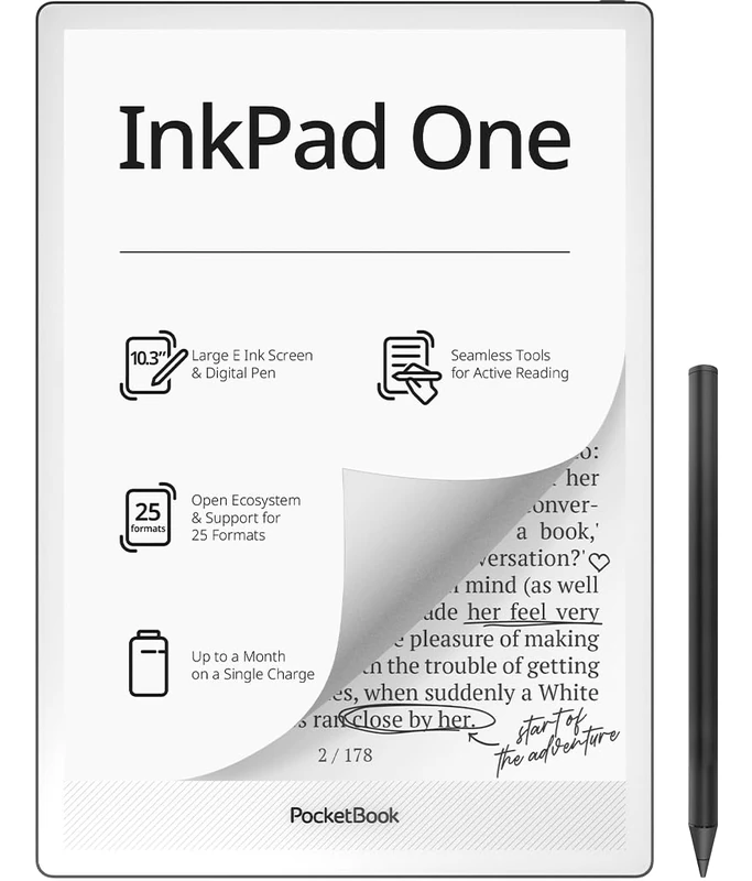 Pocketbook InkPad One E‑Reader, 10.3 Inch E‑Ink Mobius Display, 32 GB, Stylus Support, Bluetooth, SMARTlight, Matte Black - DE/at/CH Version