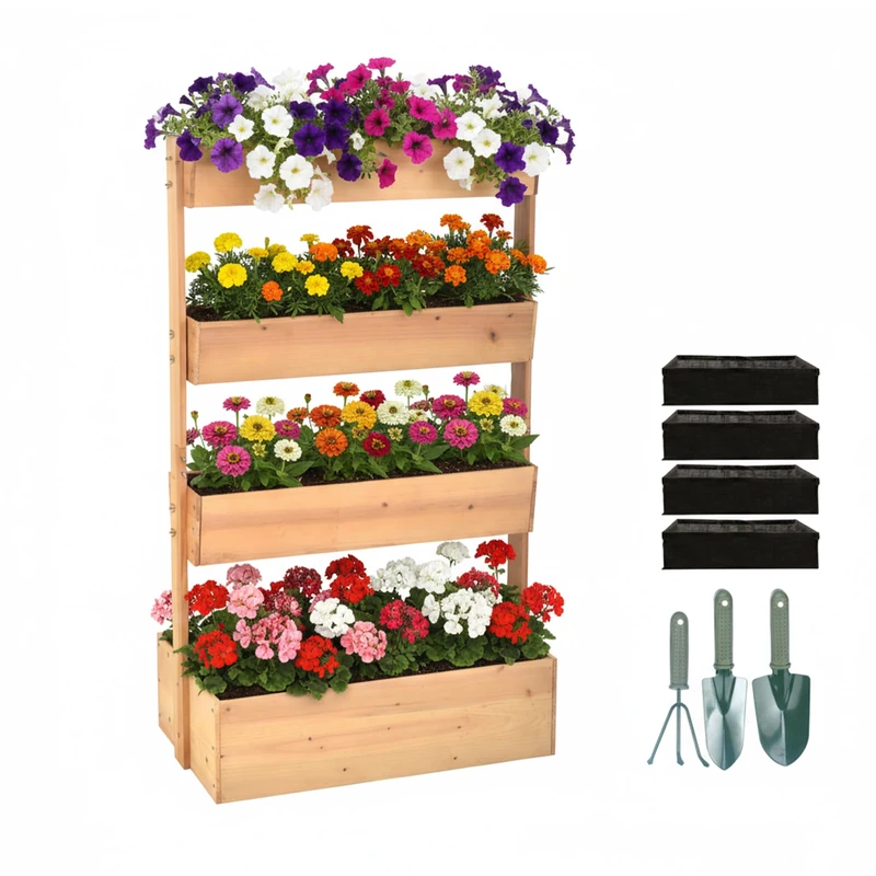 Relaxdays Vertical Wooden Planter, 4-Tier Balcony & Terrace Bed with Liners & Tools, Natural, 140x85x48 cm