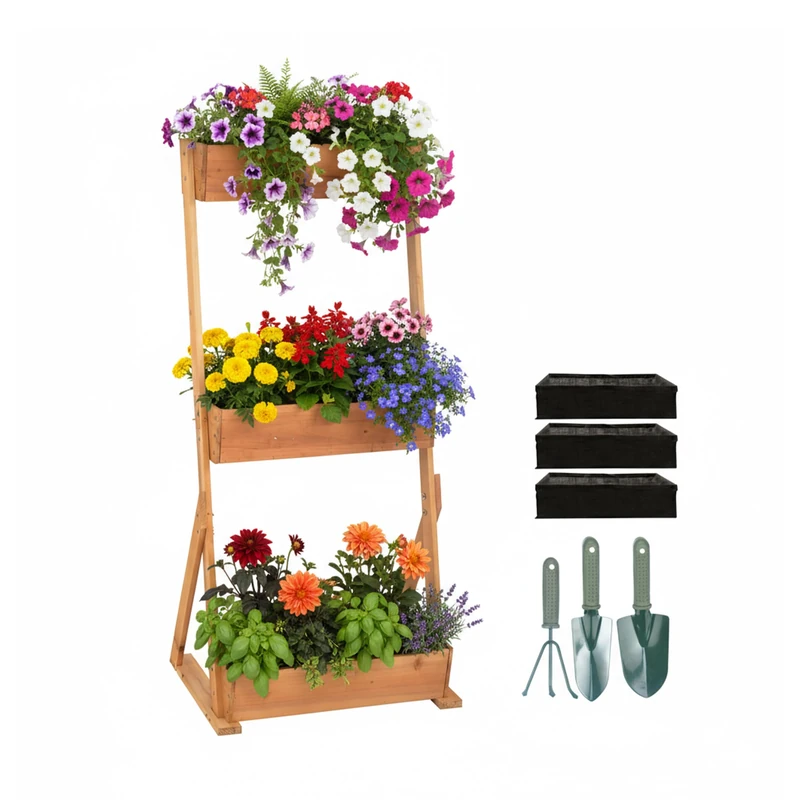 Relaxdays Vertical Wooden Planter, 3-Tier Balcony/Terrace Bed, Including Fleece & Accessories, Natural, 140x60x50 cm