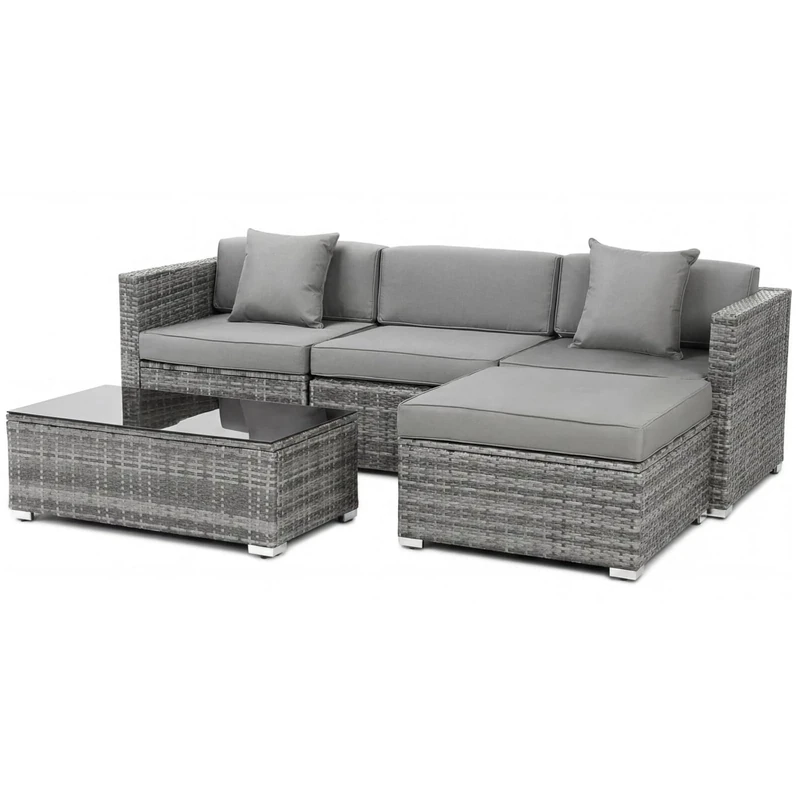 Clevich 5Pcs Rattan Garden Furniture Sets, All-Weather PE Wicker Corner Sofa Set with Glass Coffee Table & Washable Cushions, Patio Outdoor Lounge Conversation Set for Garden, Balcony, Terrace