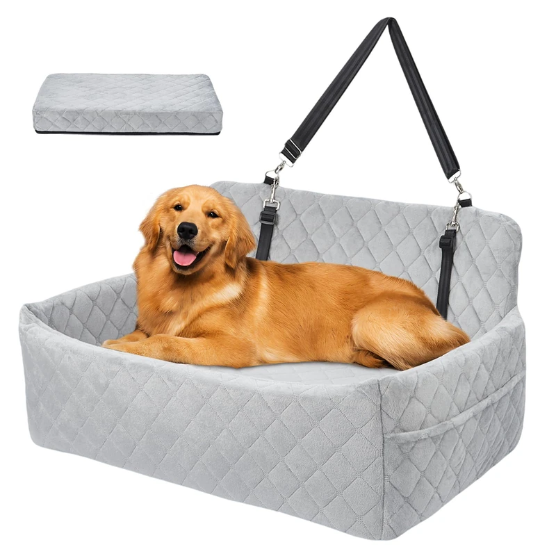 Dog Booster Car Seat for Large Medium Dogs, Washable Dog Car Bed, Memory Foam Dog Booster Seat with Storage Pocket & 2 Safety Leashes, Multi-Functional Travel Pet Bed for Dogs Up to 55 Lbs