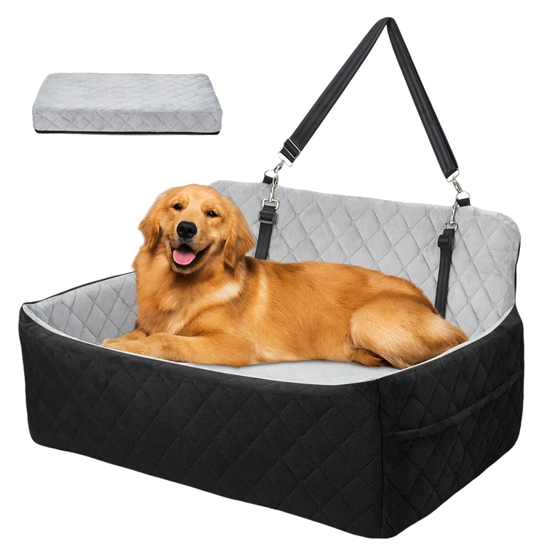 Dog Booster Car Seat for Large Medium Dogs, Washable Dog Car Bed, Memory Foam Dog Booster Seat with Storage Pocket & 2 Safety Leashes, Multi-Functional Travel Pet Bed for Dogs Up to 55 Lbs