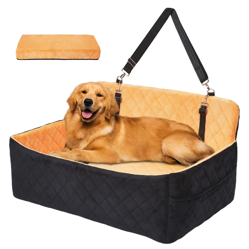 Dog Booster Car Seat for Large Medium Dogs, Washable Dog Car Bed, Memory Foam Dog Booster Seat with Storage Pocket & 2 Safety Leashes, Multi-Functional Travel Pet Bed for Dogs Up to 55 Lbs