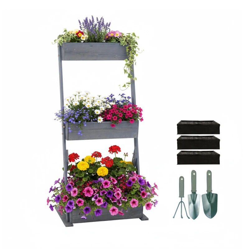 Relaxdays Vertical Wooden Planter, 3-Tier Raised Bed for Balcony/Terrace, Grey, 140x60x50 cm