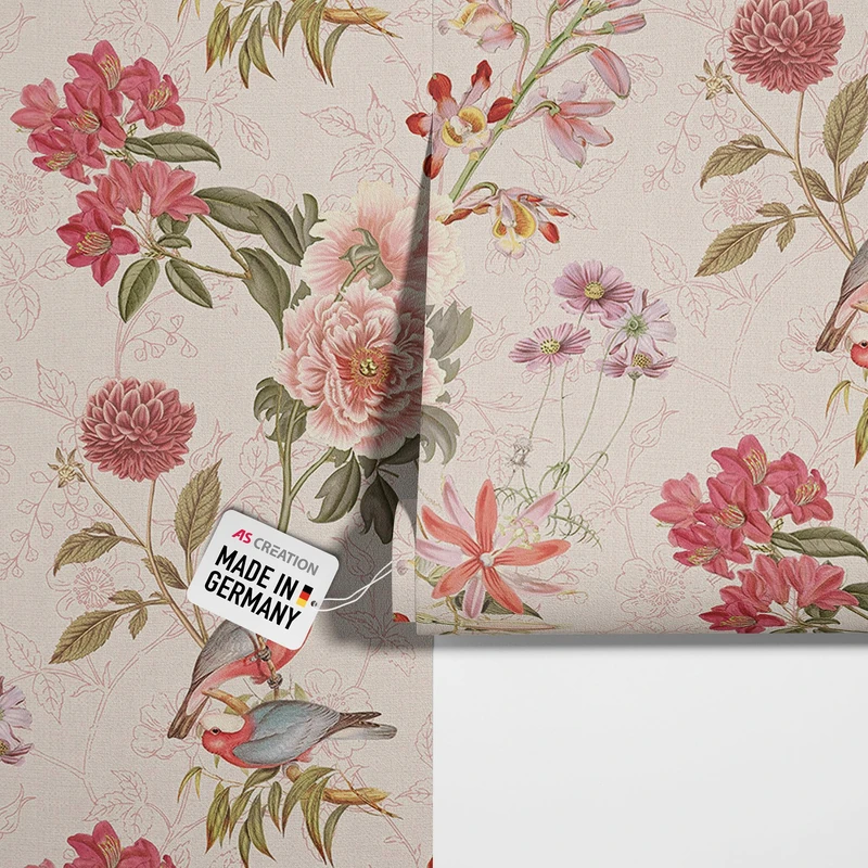 Livingwalls Non-Woven Wallpaper with Flower Pattern and Birds 0.53 x 10.05 m - Pink, Green - Design Wallpaper Made in Germany - 397202