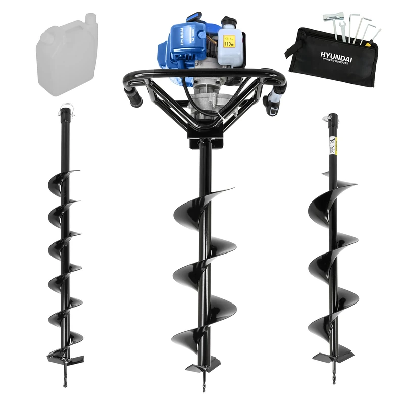 Hyundai 56cc Petrol Earth Auger Post Hole Digger with 100mm 150mm & 200mm Drill Bits, Anti-Vibration Handle, Heavy Duty Ground Borer