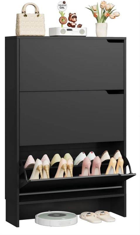 IRONCK Shoe Cabinet with 3 Flip Drawers, Slim Shoe Storage Unit with Adjustable Shelves Wooden Shoe Rack Cabinet, Freestanding Cupboard Organizer for Entryway Hallway, for 18-24 Pairs Shoes (Black)