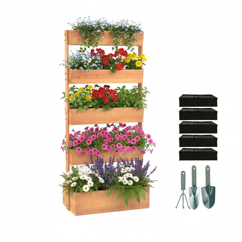 Relaxdays Vertical Wooden Planter with 5 Tiers, Raised Bed, Balcony & Terrace, Fleece Liners, 180x80x48 cm