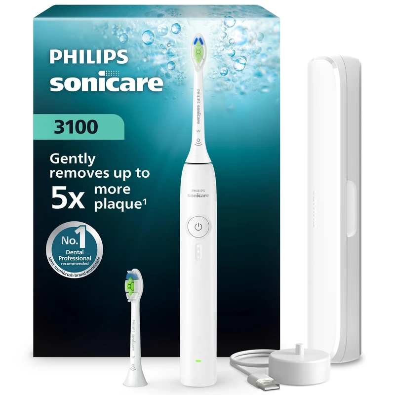 Philips Sonicare 3100 Series Electric Toothbrush - Sonic Toothbrush with Pressure Sensor, 3 Intensity Levels, EasyStart Feature, SmarTimer, 14-Day Runtime, Travel Case, White, HX4034/21, [New]