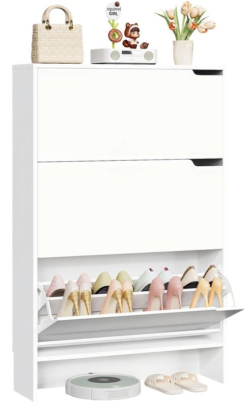 IRONCK Shoe Cabinet with 3 Flip Drawers, Slim Shoe Storage Unit with Adjustable Shelves Wooden Shoe Rack Cabinet, Freestanding Cupboard Organizer for Entryway Hallway, for 18-24 Pairs Shoes (White)