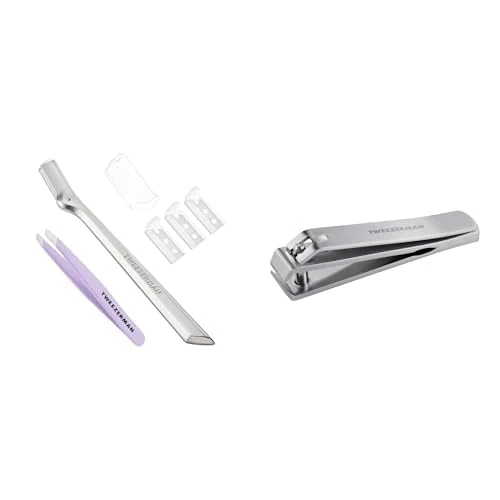 Tweezerman Eyebrow Razor & Lavender Mini Slant Tweezer Set, Nail Clippers for Thick Nails/Toenail, Includes Brow Razor with 3 Replacement Blades & Lavender Mini Slant Tweezers (Pack of 3)