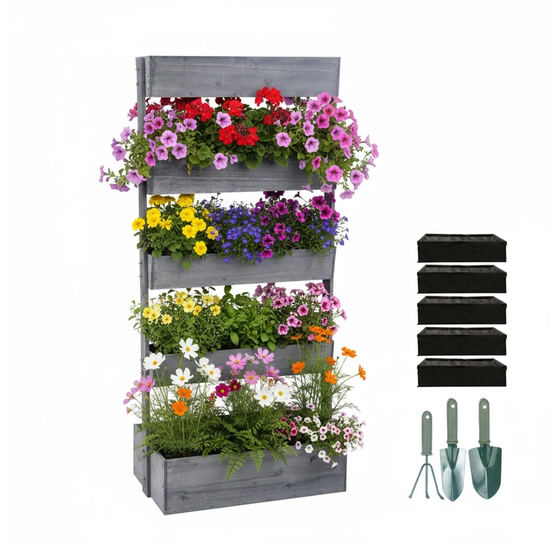 Relaxdays Vertical Pine Planter with 5 Boxes, Raised Bed, Fleece Liners & Accessories, 180x80x48 cm, Grey